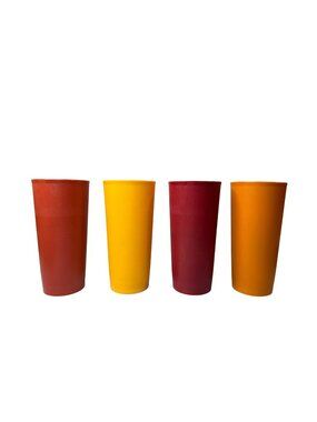 Set of 4 Vintage Tupperware Tumblers Autumn Harvest Colors Yellow Orange Red Pla